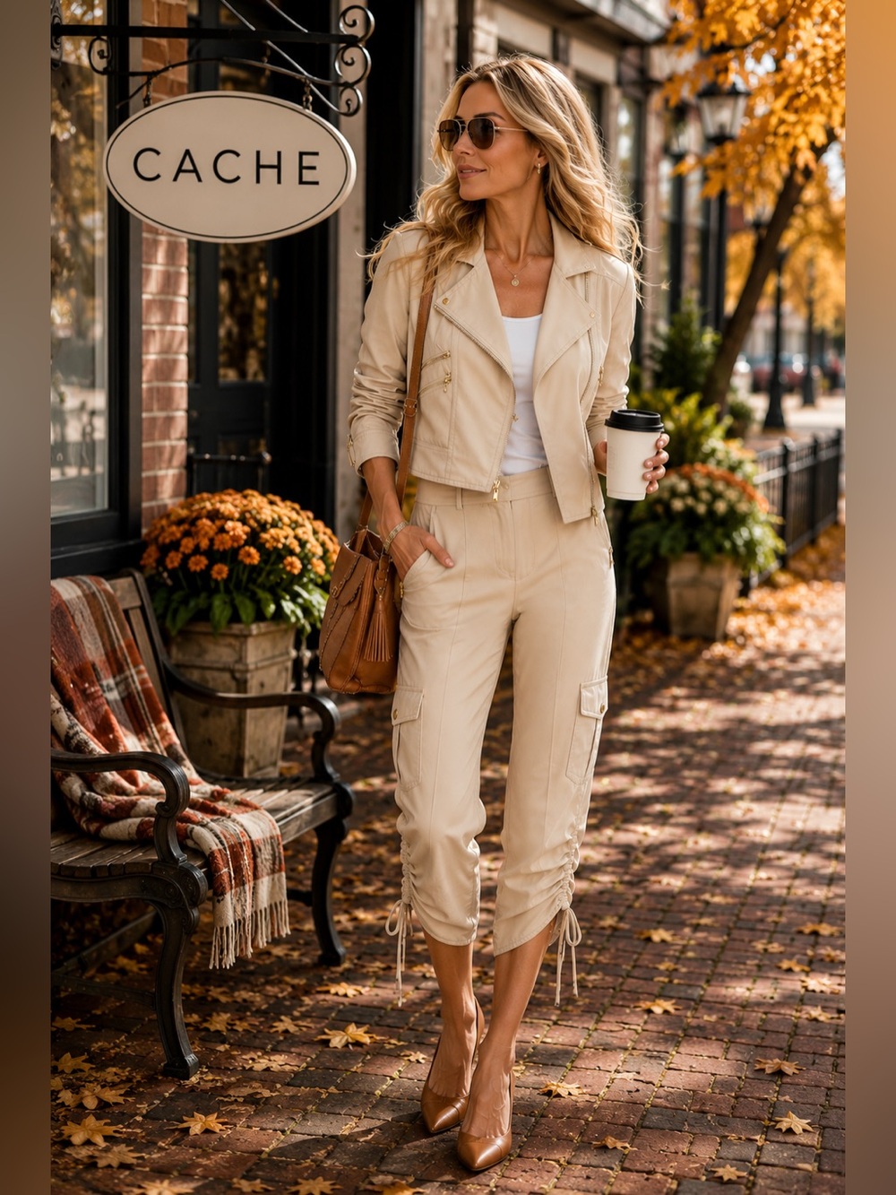 Cach’e Two Piece Utility Moto Jacket Cargo Pant Set Gold Zip Beige Size 4